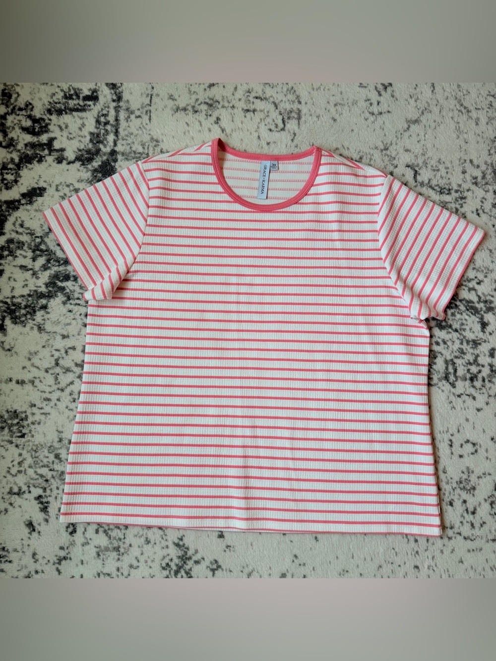 Grace + Karma Pink White Striped Ribbed Tee Size 3X Casual Stretch Top NWOT